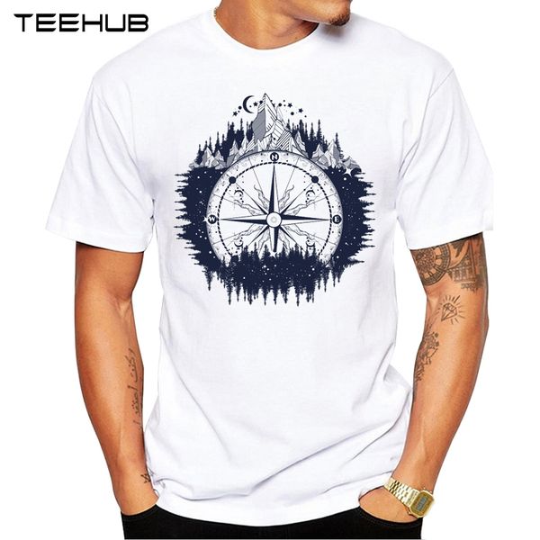 

2018 teehub summer fashion compass printed t-shirt short sleeve popular design novelty tee, White;black