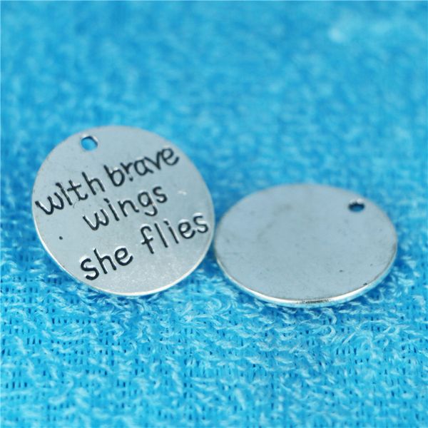

10pcs 25mm with brave wings she flies tibetan silver inspirational charms antique tag message metal pendant vintage diy jewelry, Bronze;silver