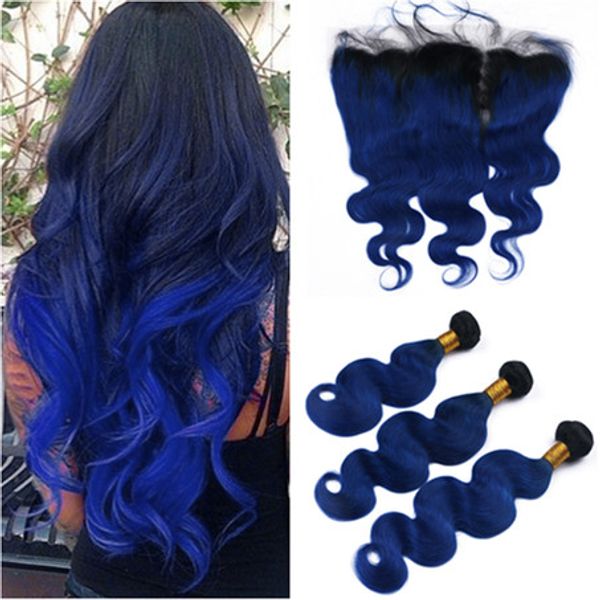 Preto e azul escuro Ombre Malásia onda do corpo Cabelo Humano Weave Pacotes com 13x4 completa Lace frontal # 1B / azul Ombre Virgens extensões do cabelo