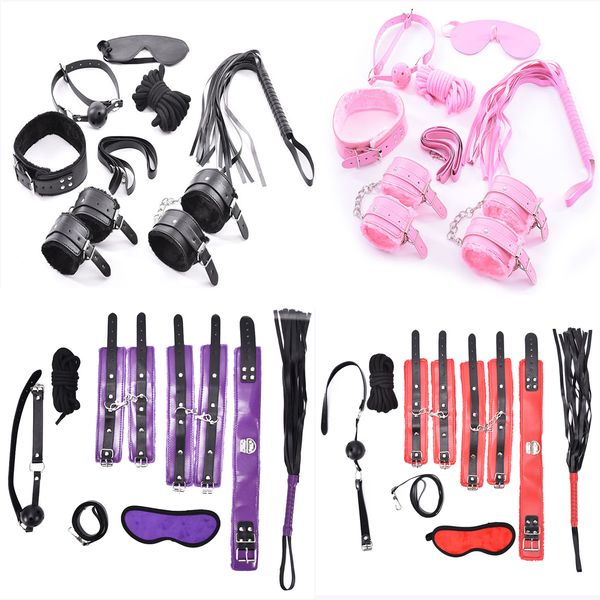 

wedding party favor 7pcs handcuffs gag nipple clamps whip collar erotic toy leather fetish bondage restraint body massager