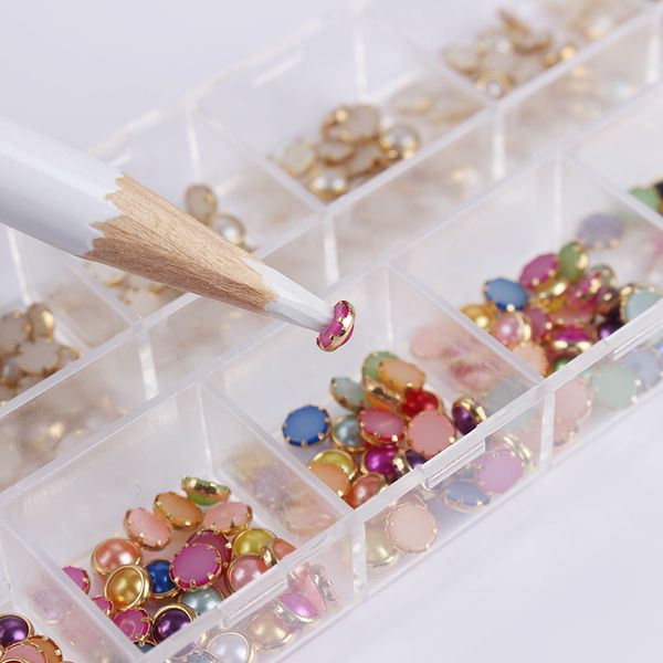 

1 box 4mm colorful white beads nail rhinestones 3d nail art decorations 12 grids rectangular box with dotting pen tool, Silver;gold