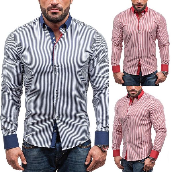 

fashion stripe turn down collar buttons shirt men long sleeve slim fit gift, White;black