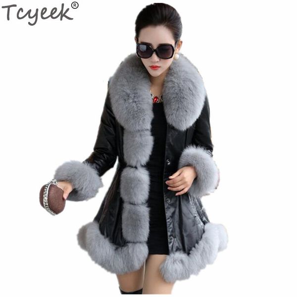 

tcyeek winter warm women's pu leather jacket faux fur coat white plus size 4xl 5xl 6xl jaqueta de couro feminino overcoat, Black