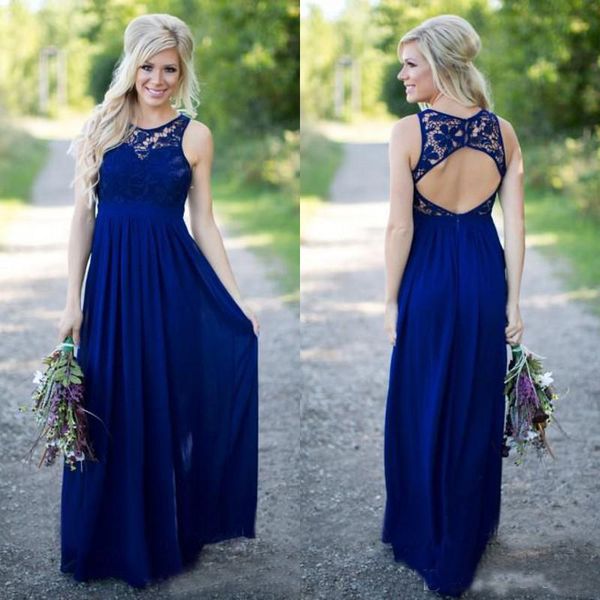 

Country Style Royal Blue Bridesmaid Dresses Long Cheap Open Back Floor Length Wedding Party Dress Chiffon Lace Formal Pageant Party wear