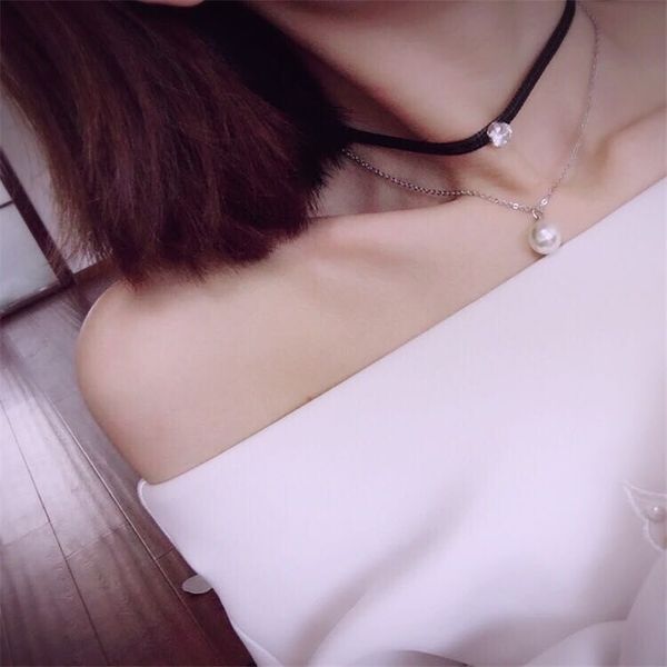 

imitation pearl pendant choker female multi-layer leather collar clavicle necklace, Silver