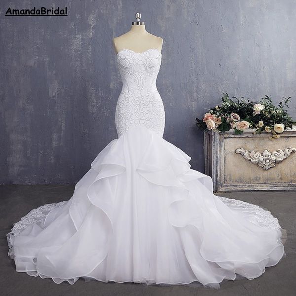

amandabridal bride dress mermaid wedding dresses vintage lace bridal gown 2022 with detachable straps pleat layer179r, White