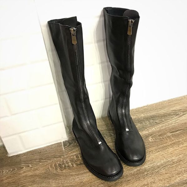 

luxury handmade women knee high zip boot genuine leather vintage boots, Black