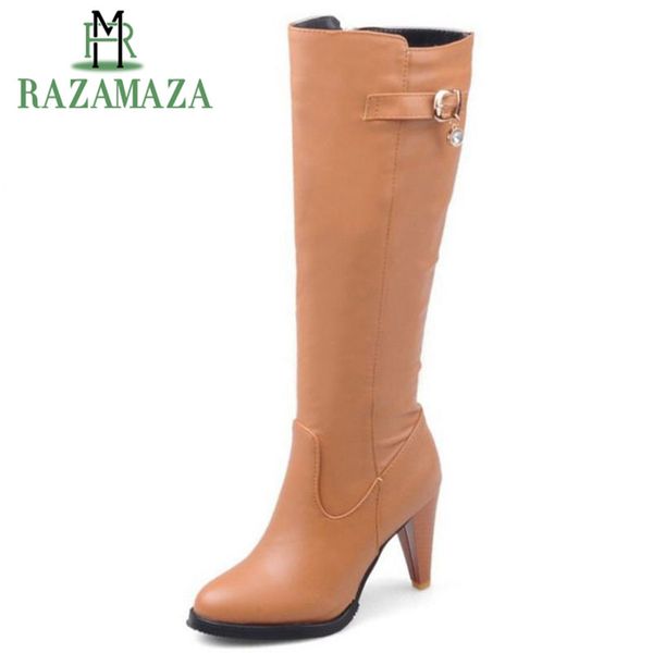 

razamaza size 34-43 women thigh high heels boots metal over the knee boots women warm shoes for winter botas woman footwear, Black