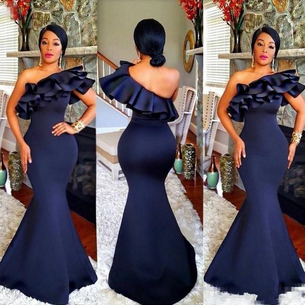 

Arabic navy blue mermaid evening dre e 2019 one houlder backle ca cading ruffle weep train long formal prom party gown maid of honor