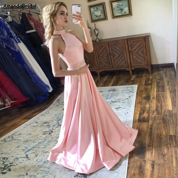 

amandabridal satin long prom dresses pink beaded halter neck sleeveless satin formal evening dress party gown backless special occasion dres, Red