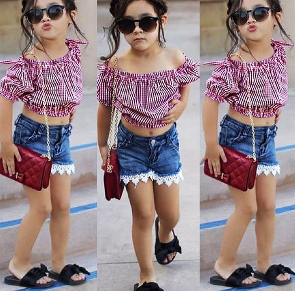 US Denim Toddler Baby Girl Lace Off Shoulder Crop Top Long Pants Outfits Clothes