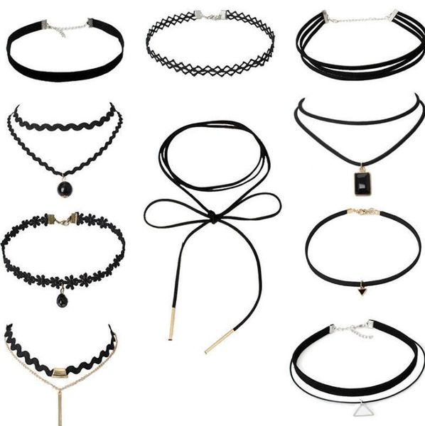 

10 pcs womens black velvet choker necklace set classic gothic tattoo lace chokers storage bag for women, Silver
