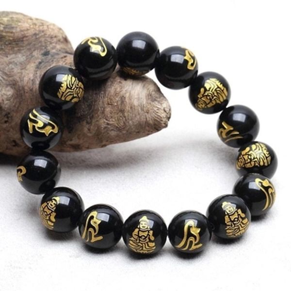 

10mm natural gold printing black obsidian carved buddha lucky amulet round beads bracelet for women men bracelet