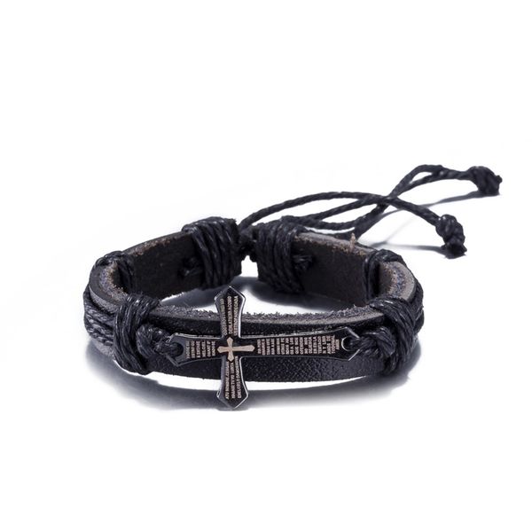 

christian cross stamped charm bracelets for men women vintage leather rope chain bracelet gifts fashion jewelry, Black