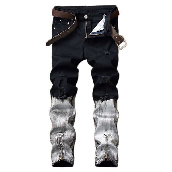 

newsosoo brand 2018 mens jeans slim fit ripped jeans with zipper cotton denim pants fashion designer black white trousers, Blue