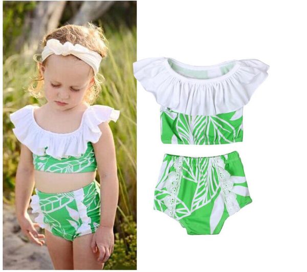 

girl leaves print swimsuit baby lotus neck swimwear two pieces kids summer bikini sets baby clothes cn g023, Blue