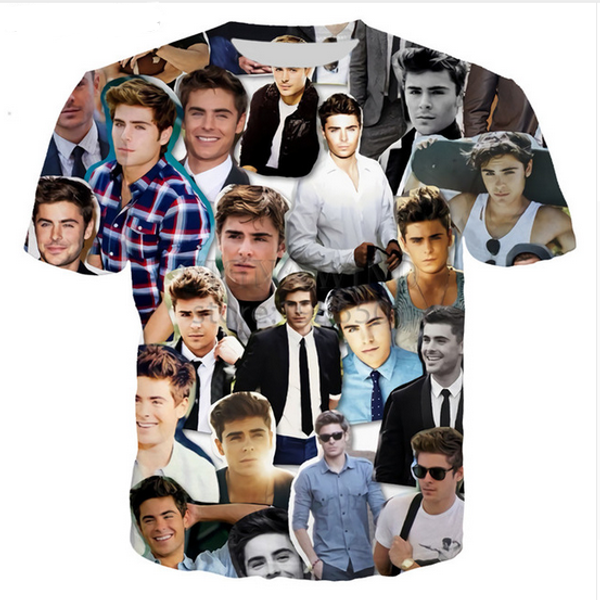 

wholesale-fashion mens/womens summer style popular series zac efron funny 3d print casual t-shirt xbf0058, White;black