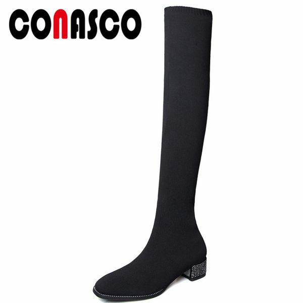 

conasco 1new women over the knee boots autumn winter warm square heels shoes woman round toe bling casual quality stretch boots, Black