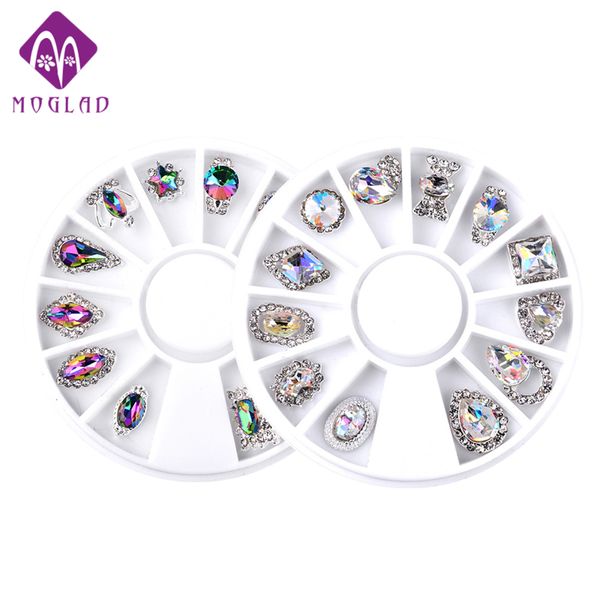 

moglad 2pcs/set luxury charm ab color nail wheel crystal decoration crown waterdrop alloy nail art decoration wheel 3d tool, Silver;gold