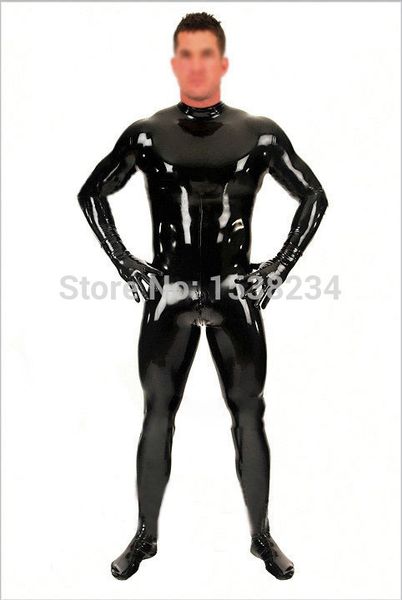 

black men's latex catsuit rubber fetish bodysuit with socks and gloves open crotch zipper plus size zentai c