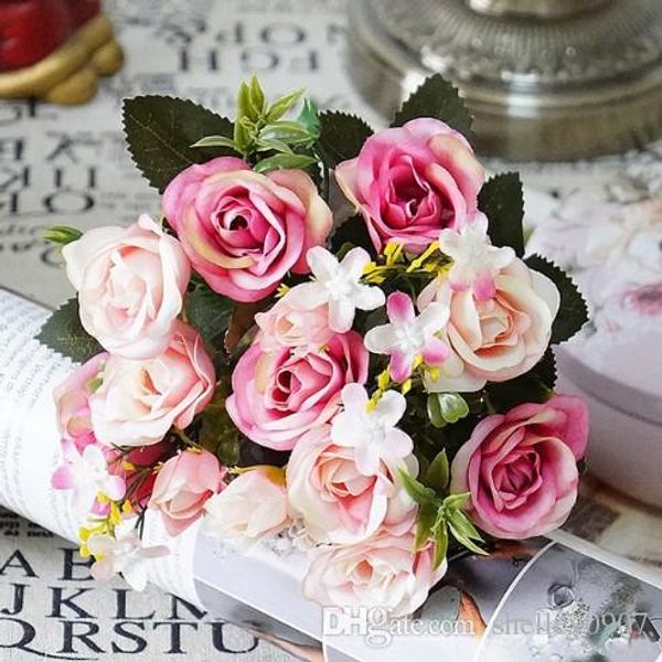 Acheter Fleurs Artificielles 13 Têtes Grappe Petit Bourgeon Soie Roses De Simulation Fleurs Feuilles Vertes Vases Maison Automne Décorer Pour Le