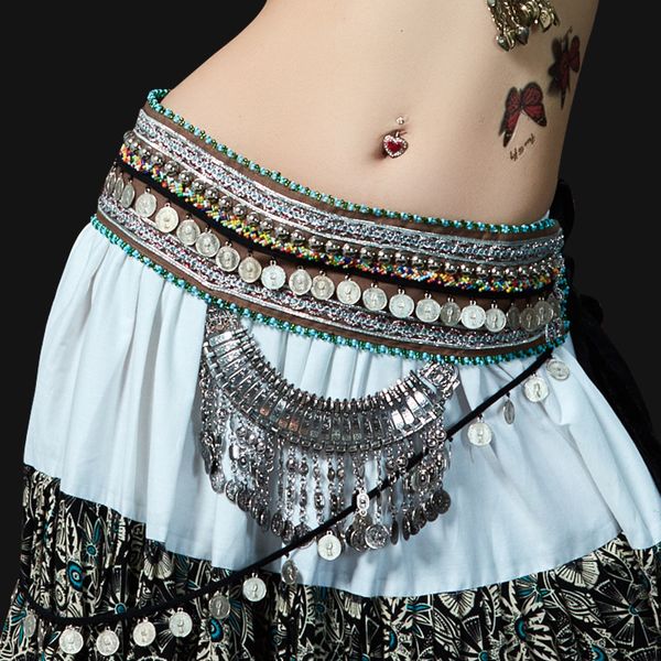 

2018 new tribal belly dance waist belt adjustable metallic chain belt for gypsy dance coins hip scarf bellydance, Black;red
