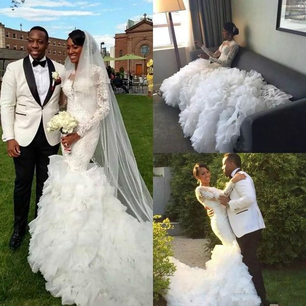 

long sleeve mermaid wedding dresses jewel neck lace applique illusion ruffle country wedding gowns plus size vestido de novia bridal dress, White