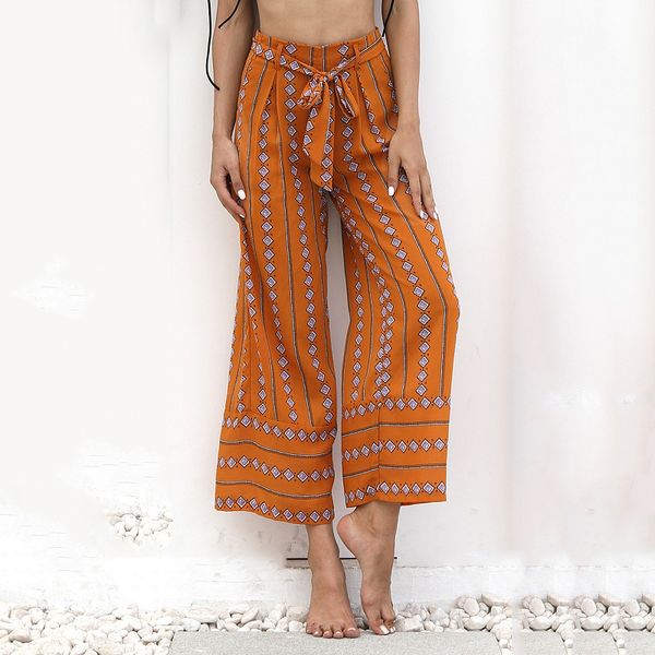

2018 summer women loose boho pants print belt waist high waist loose straight nine casual wide leg pants & capris women, Black;white