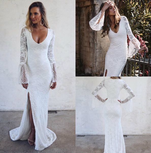 

plus size beach wedding dresses v neck long sleeve lace bridal gowns side slit vestido de novia boho wedding dress, White