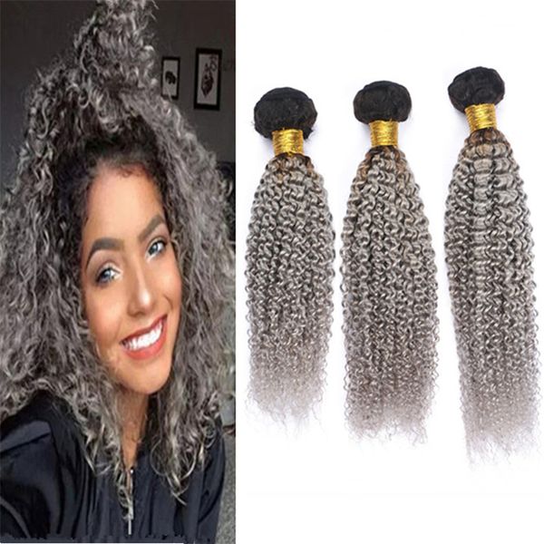 Indian Ombre Kinky Curly Human Hair Weave 3 Bundles Deals Dark Roots Grey Ombre Indian Hair Weaves Black And Gray Hair Weft Extensions 100 Human Hair