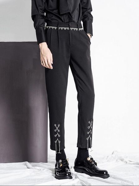 

2018 new men's pants trend personality casual pants slim trousers metal tassel casual suit plus size stage singer costumes, Black