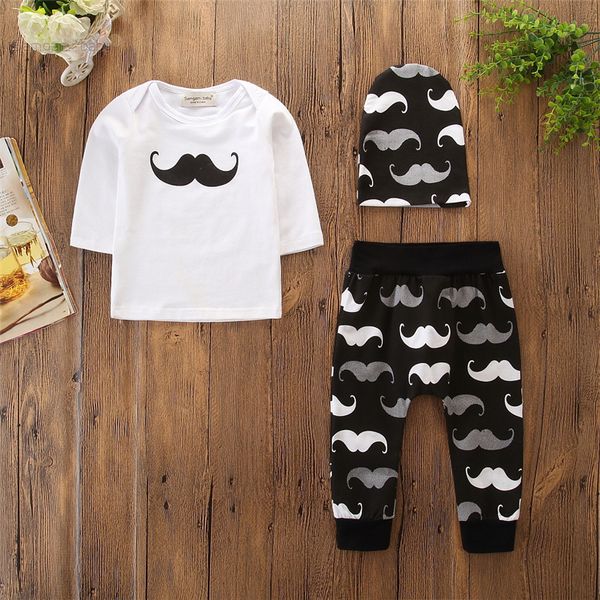 Criança Menino Roupas Set Bigode 3 PCS Roupas Infantis Outono Inverno T-shirt de Manga Longa Tops + Calças Calças + Chapéu Roupas de Bebê Recém-nascido