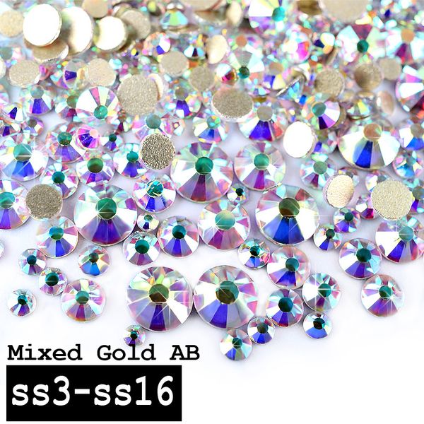 

wholesale-1 pack super shining crystal ab color mixed (ss3-ss16) charm nail art rhinestones decorations golden flatback 3d nail tools, Silver;gold
