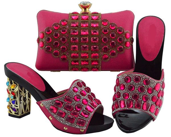 

gorgeous fuchsia women pumps and bag with big crystal african shoes match handbag set for dress fgt003,heel 10cm