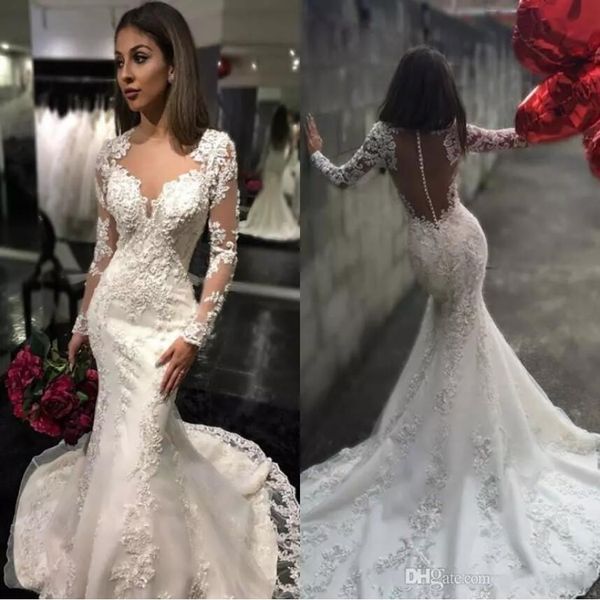 

2019 modest sheer crew neck button back mermaid wedding dresses arabic long sleeves lace appliques robe de mariage sweep train bridal gowns, White
