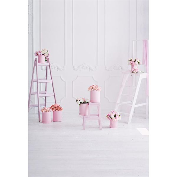 Pure White Wall Indoor Fotografia Sfondo Stampato Scale Rosa Vasi da fiori Rose Neonato puntelli bambini foto Shoot Sfondo