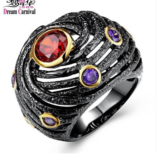 

dreamcarnival 1989 unique engagement ring for women black gold color hip hop party jewelry red purple zirconia dc1989 anillos, Silver