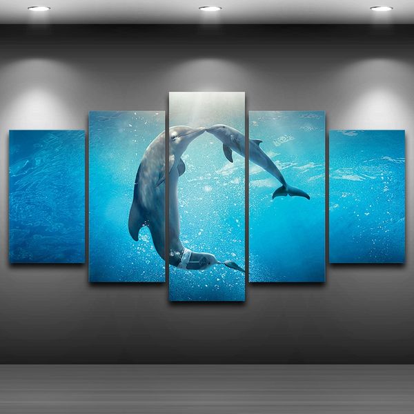 

pictures hd printed canvas painting living room wall art 5 pieces marine animal kissing dolphins poster home decor framed
