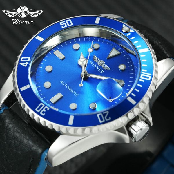 

winner fashion classic auto mechanical watch men blue dial date display leather strap mens watches dress clock, Slivery;brown