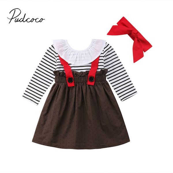 

2018 brand new autumn pretty cute toddler baby girls dress long sleeve dot striped overalls a-line ruffled dress headband 6m-5y, Red;yellow