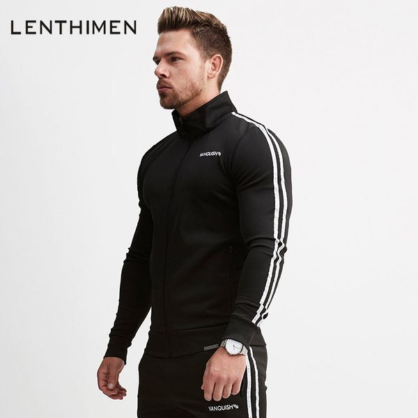 

fashion stripes design mens sweatshirts solid zipper bodybuilding hoodies men spring autumn sportswear coat brand fitness jacket, Black