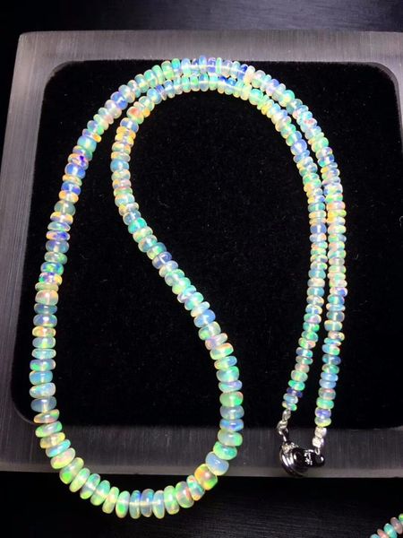 

genuine natural colorful opal gemstone necklace 4-5mm women men long chain crystal round bead necklace, Silver