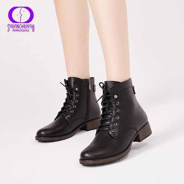 

aimeigao round toe ankle boots for women lace up black color female boots warm fur plush insole classic style women shoes