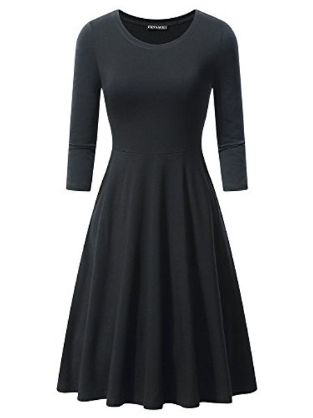 

fensace womens 3/4 sleeves casual a-line cotton midi dress, Black;gray