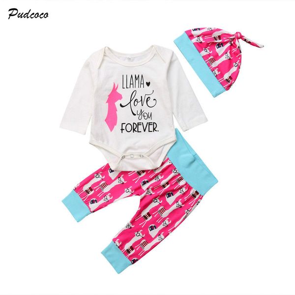 

3pcs set newborn baby boy girl long sleeve cartoon alpaca romper+long pant hat outfits baby clothes, White