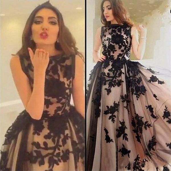 

Arabic Style Black Lace Evening Dresses Long 2017 Appliqued Tulle Vestido De Gala A-Line Prom Gowns Special Occasion Dress for Graduations