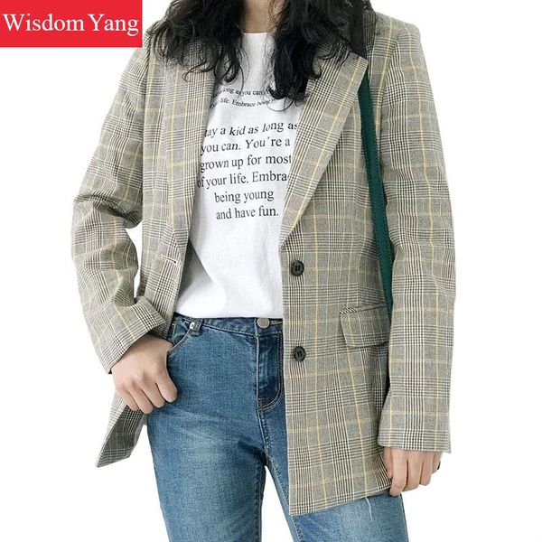 

elegray khaki plaid jacket linen womens suit coats autumn warm 2018 female jackets overcoat cotton coat office outerwear, Black