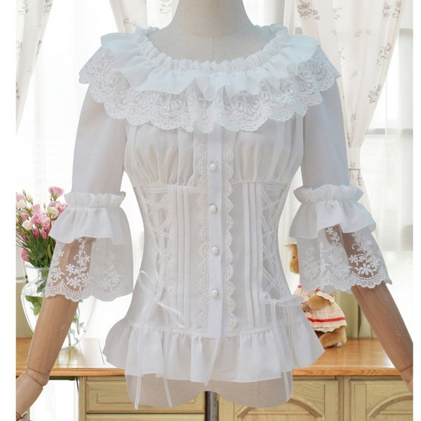 

белые блузки 2017 викторианский lacechiffon трепал воротник половина flare рукавом готический женщины блузка рубашка викторианский корсет ру, White