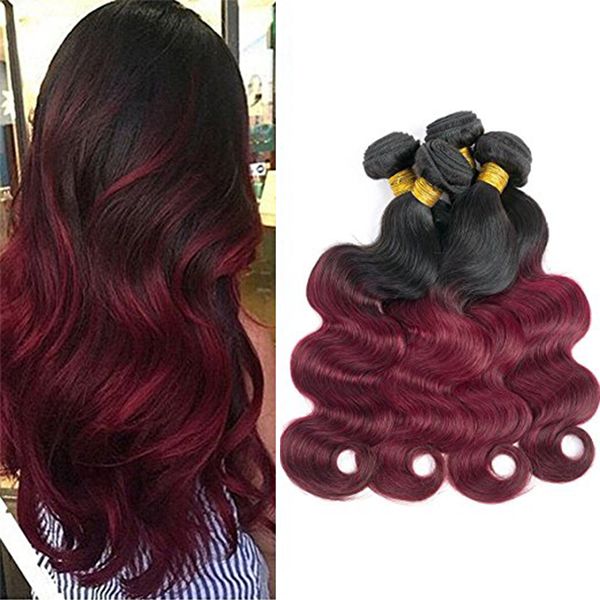 

brazilian ombre hair 1b/99j body wave 4 bundles unprocessed grade 8a burgundy wine red ombre human hair weaves extensions length 10-24 inch, Black;brown