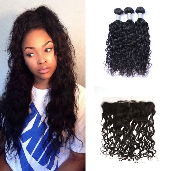 

бразильские пучки волос с фронтальной 13x4 water wave lace фронтального закрытием с 3 связкой утка волоса, Black;brown